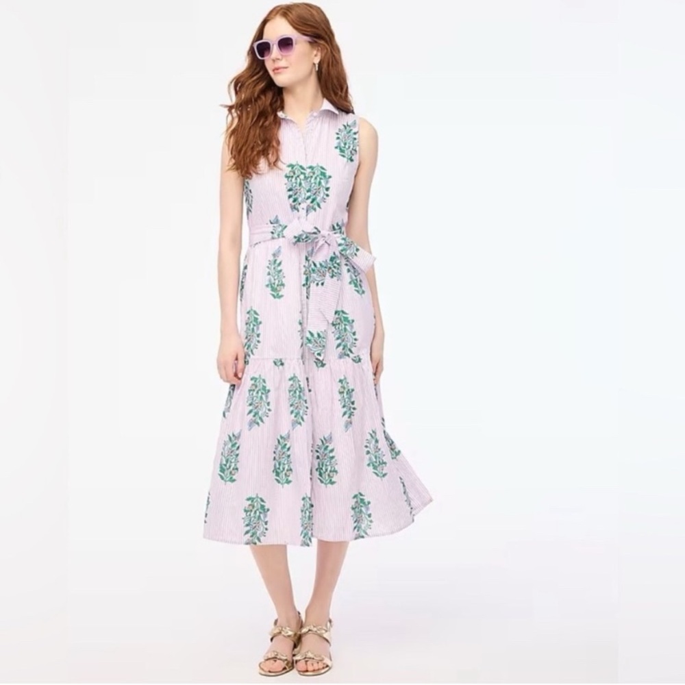 J. Crew Collared Midi Lined Button Up Floral and Striped 100% Cotton Dress
